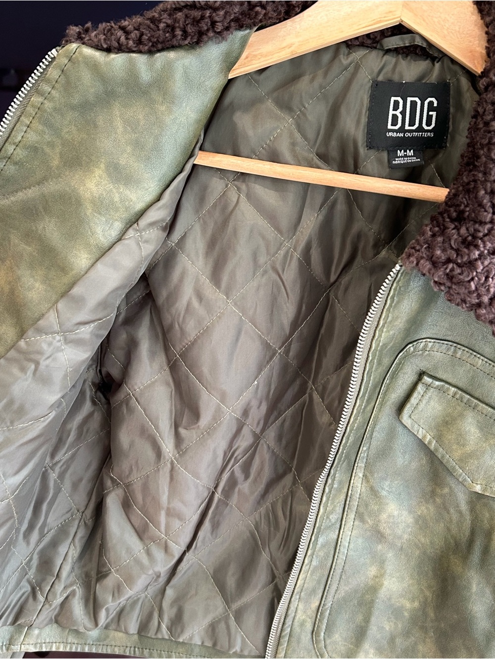 BDG Olive Leather Zip Jacket with Brown Shearling Collar - Picture 2 of 3